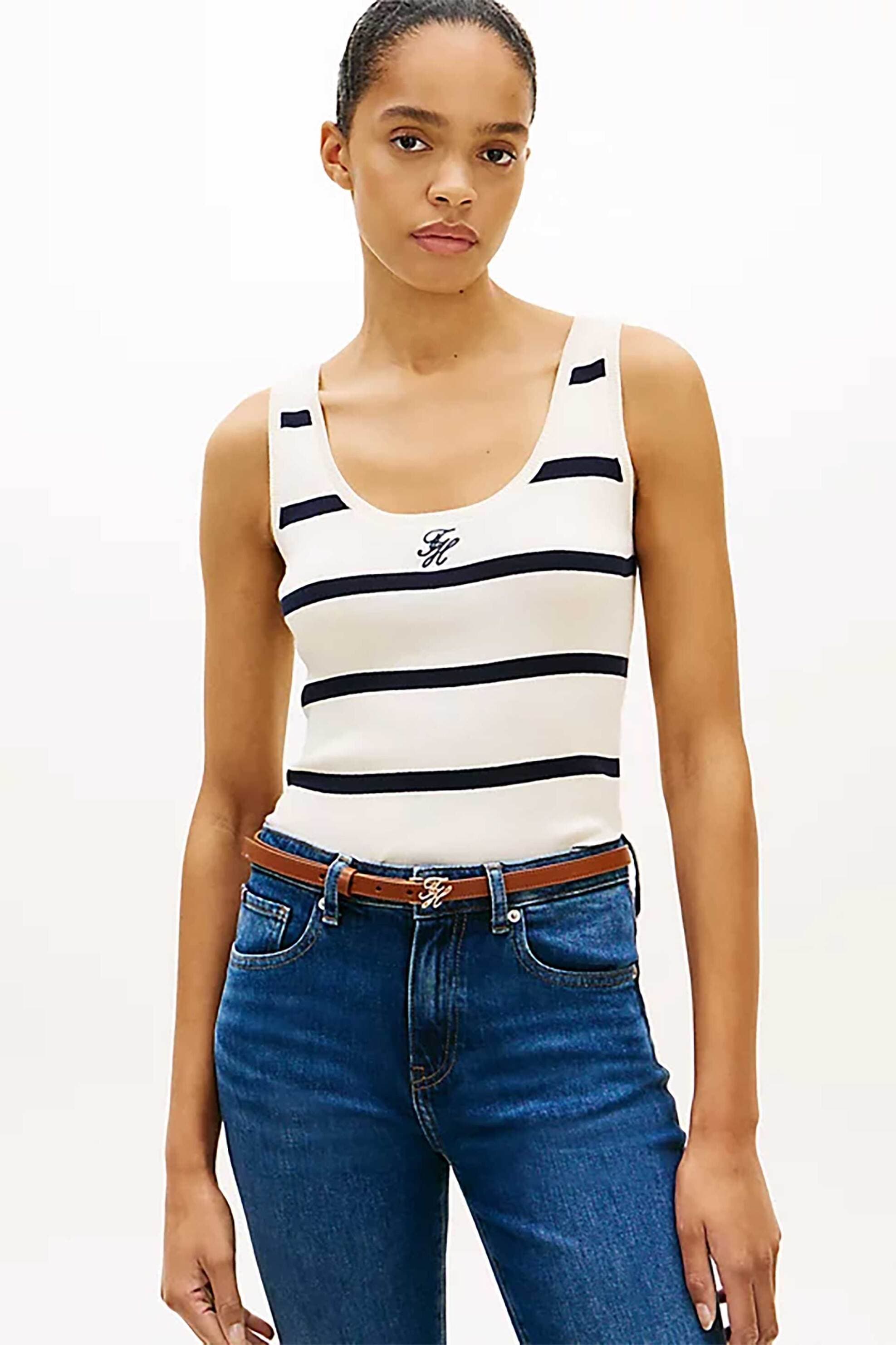 Tommy Hilfiger γυναικείο αμάνικο τοπ με ριγέ σχέδιο και κεντημένο λογότυπο Slim Fit