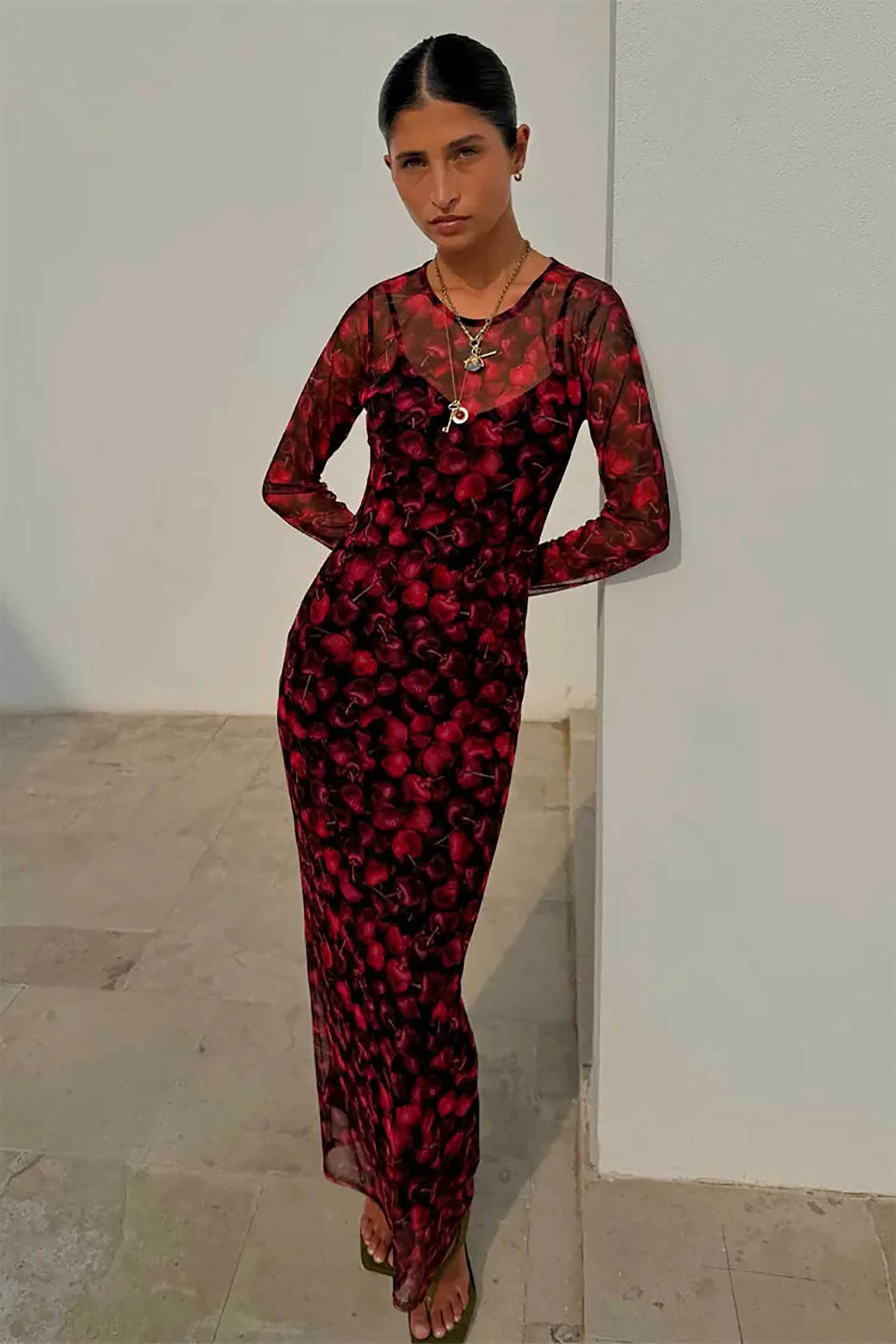 Never Fully Dressed γυναικείο maxi φόρεμα με cherry print "Cherry Mesh Soho"