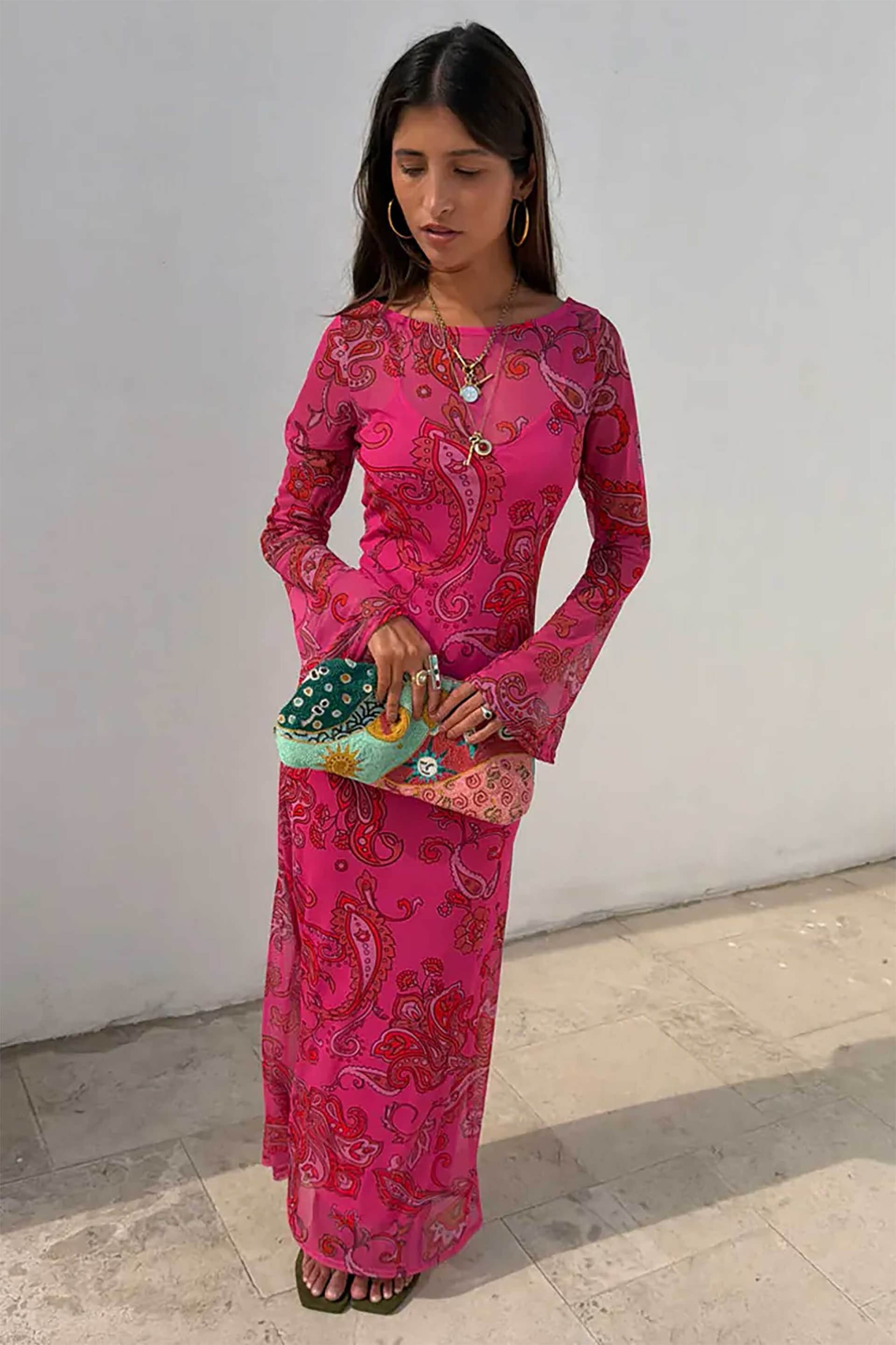 Never Fully Dressed γυναικείο maxi φόρεμα με paisley print "Pink Paisley Mesh"