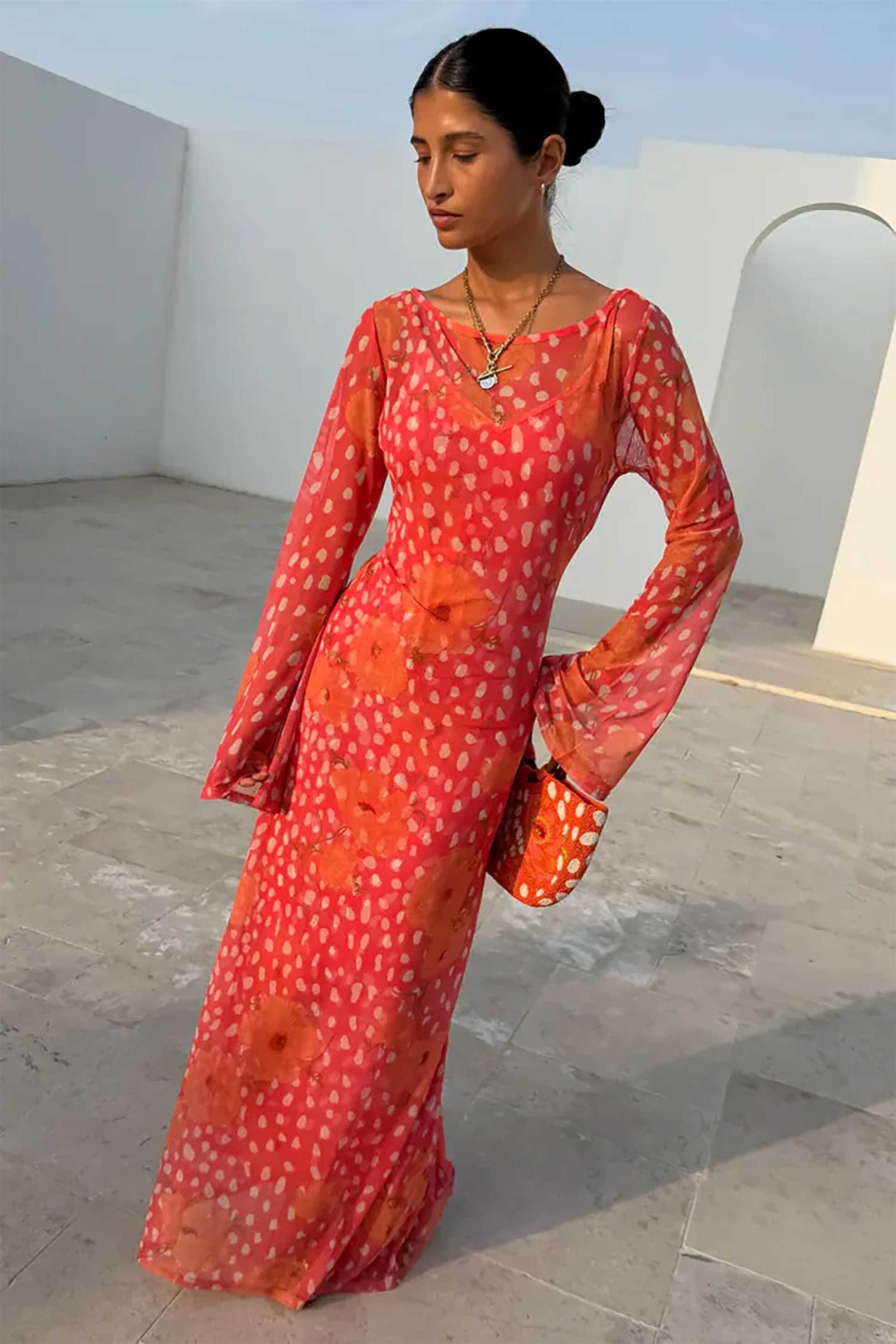 Never Fully Dressed γυναικείο maxi φόρεμα με print "Coral Fawn Poppy Aria"