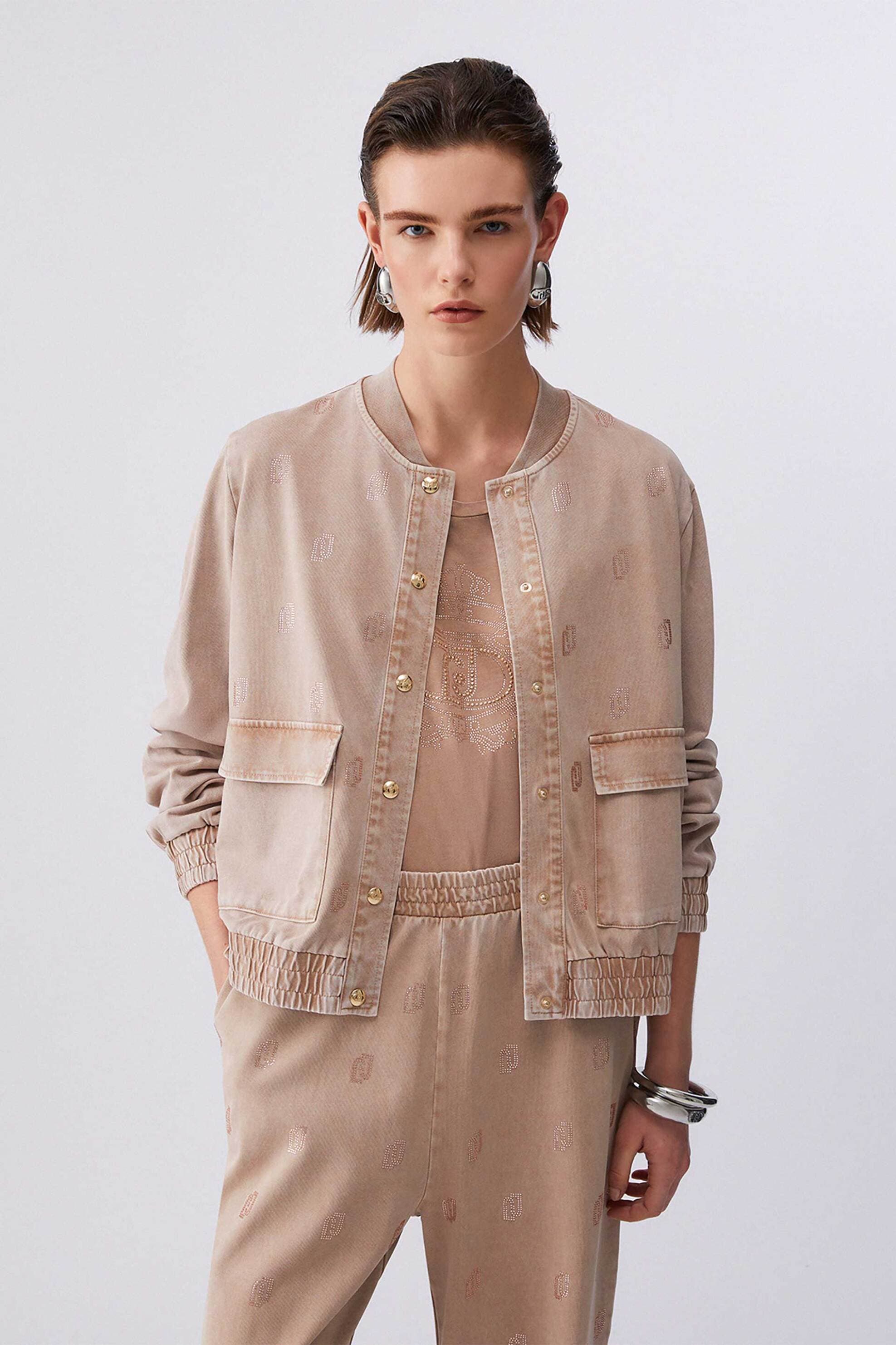 Liu Jo γυναικείο jacket με all-over logo print με στρας και ξεβαμμένο εφέ